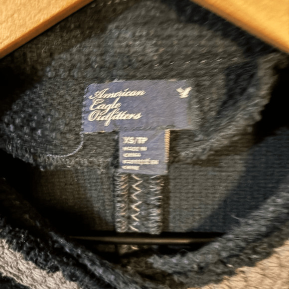 American Eagle Black Tweed Jacket Sweater Gray Trim Two Front Pockets Size XS - Picture 3 of 5